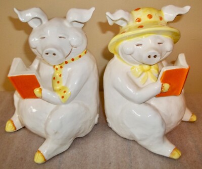 Fitz & Floyd Ceramic PIG BOOKENDS 'Who's Afraid Of The Big Bad Wolf?'