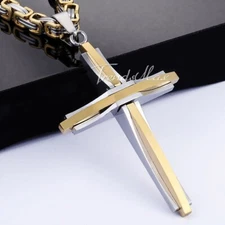 Mens Gold Plated Cross Pendant Necklace 18-30" Stainless Steel Byzantine Chain