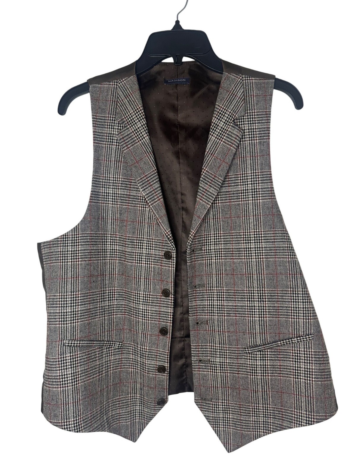 Madison Mens Medium Glen Plaid Vest Brown Satin Back & Dotted Lining Irish Style