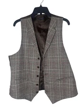 Madison Mens Medium Glen Plaid Vest Brown Satin Back & Dotted Lining Irish Style