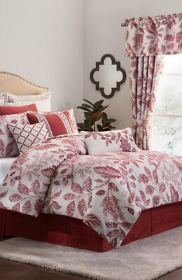 NIP Rose Tree Savory Beige Red Floral Queen Comforter Bedskirt & Shams Set 4pc