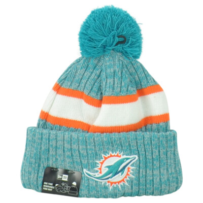 New‎ Era Miami Dolphins NFL Knit Pom Beanie Hat Grey Teal Orange Fleece Lined OS On-Field-18-Dolphins-Beanie-  main image 4