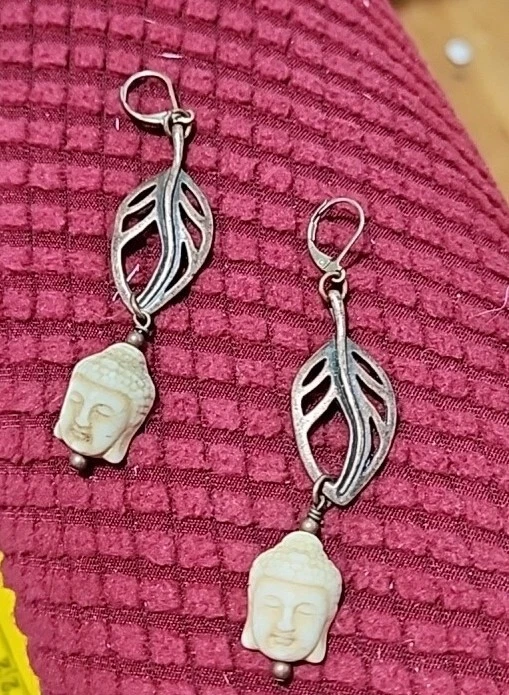 Rustic Bohemian Stone Buddha Face Tribal Gypsy Artisan Drop Earrings  - Image 2 of 4