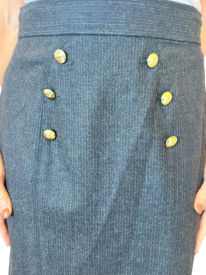TIBI NEW YORK SKIRT GRAY WOOL PINSTRIPE PENCIL CAREER OFFICE GOLD BUTTONS 8 - Image 4 of 4
