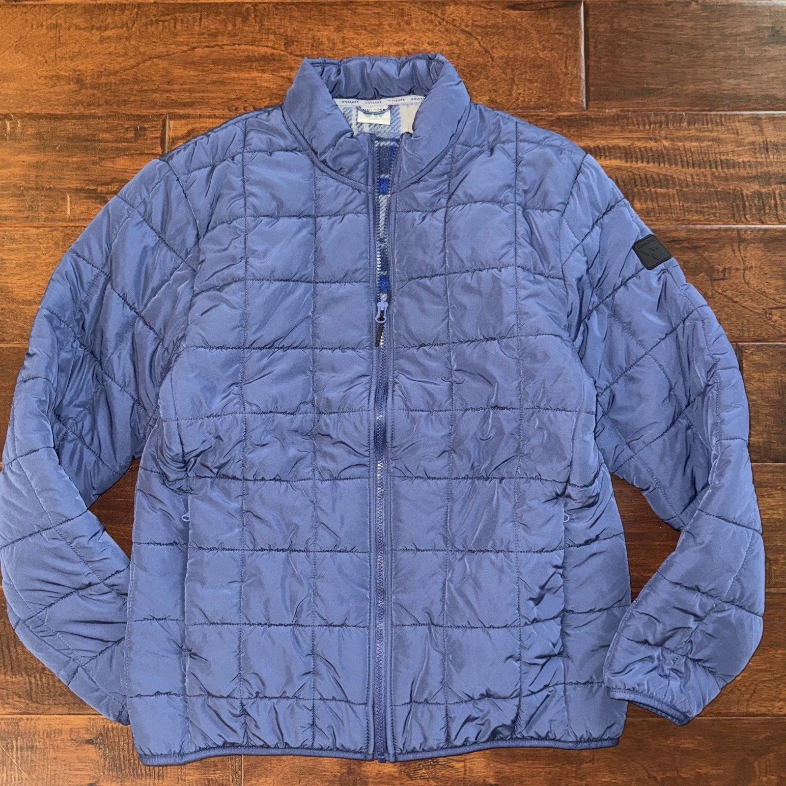 Voyager Quilted Blue Puffer Jacket Medium Soft Plaid Fleece Lined Full Zip Coat