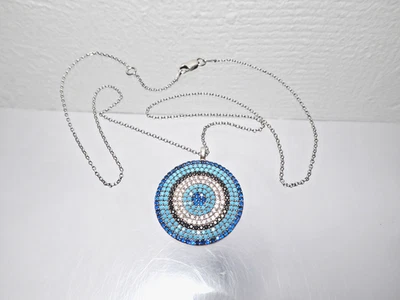 925 Silber runder Anhänger NAZAR Auge Ø 26,3 mm synth. blaue Steine + Kette 6,7g - Bild 1 von 4