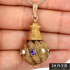 Estate Amethyst Pearl 14K Yellow Gold Victorian Ornate Balloon Pendant 6.2 Gr NR