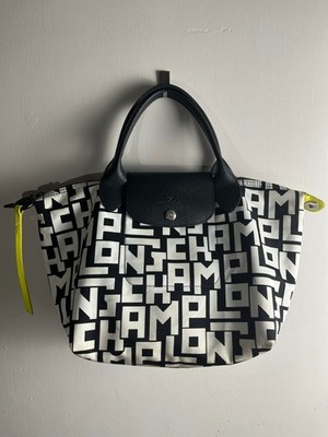 Authentic Longchamp Le Pliage Logo Print Medium Tote Bag Black/White Pre-Owned