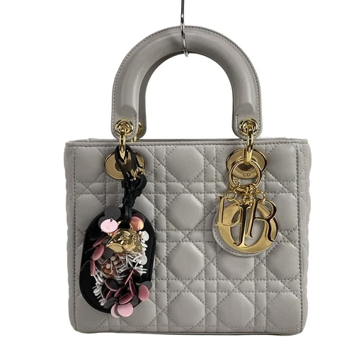 Authentique petit sac à main DIOR/ChristianDior Lady Dior gris clair en peau d'agneau