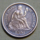 1891 United States Seated Liberty Silver Dime - Choice XF Details- Lot 1427
