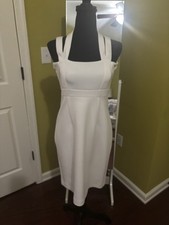 Calvin Klein Women's Sheath Dress 8 Ivory Mock Bow Neck Sleeveless Knit Lined