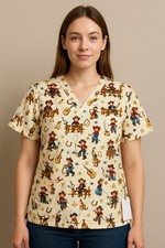 Melanie D Western Scrubs Top Women  s Medium Equestrian Retro Western Rodeo