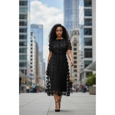 Baltic Born Darby Floral Dot Midi Dress Size Large Black Sheer Belted NWT A-Line