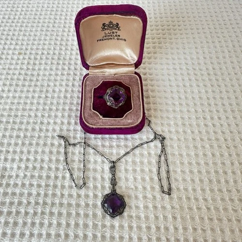 Antique Victorian Sterling Silver Purple Glass Set Lavaliere Pendent & Ring Sz 5