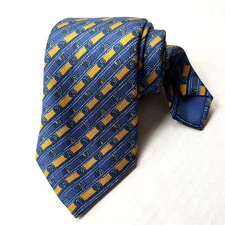 Hermes Paris France Silk Tie Blue Gold Necktie Knot Diagonal Stripe Pattern 7678
