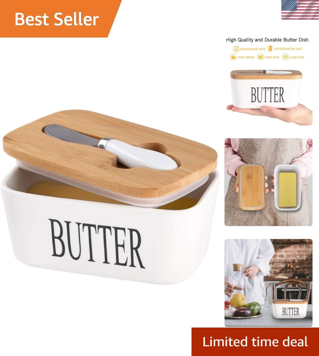 Ceramic Butter Dish with Wooden Lid, Large Butters Container Keeper Storage w...