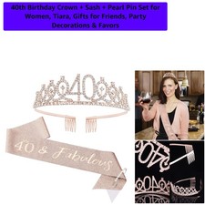 Glamorous 40th Birthday Crown and Sash Set with Rhinestone Tiara Pearl Pins