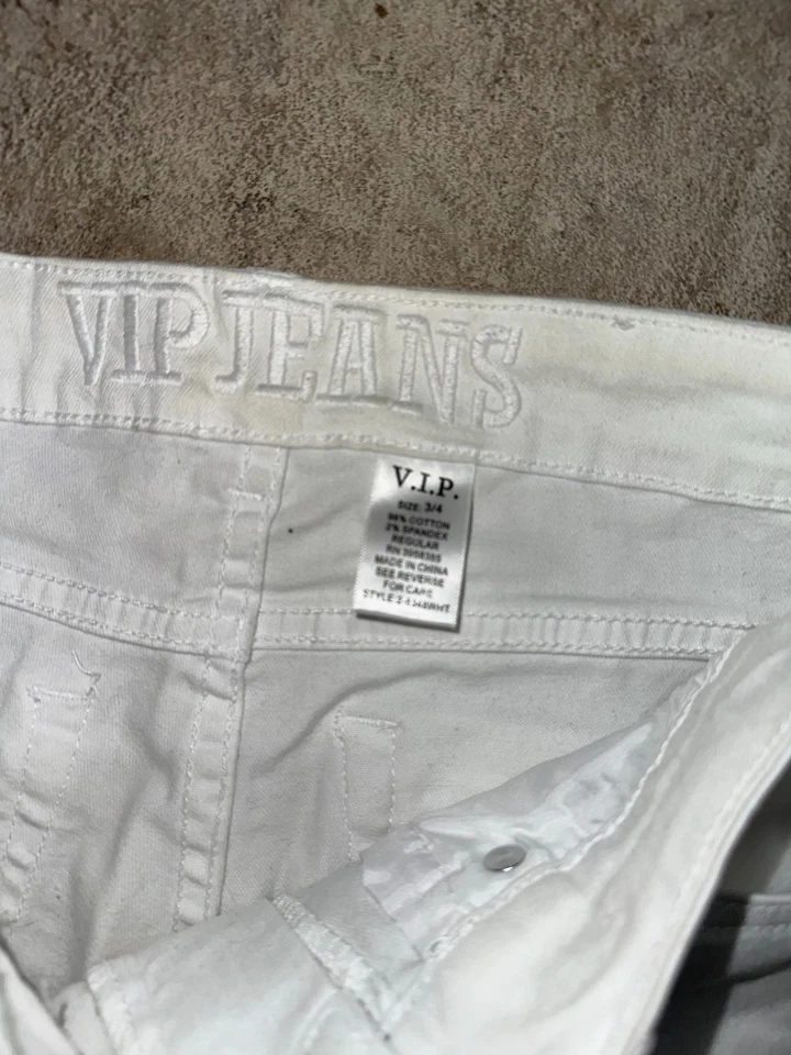 Pantalones de mezclilla VIP para mujer talla 3/4 blancos desgastados clásicos frente plano pierna ajustada Foto 3 de 4