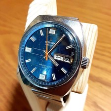 Raro orologio automatico Edox Acapulco 202 quadrante blu data giorno stile vi...