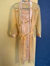 Yellow Satin Floral Embroidered Robe Gown Set, Bow Accent, Tie, Size L