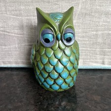 Vintage Takahashi Green Blue Purple Owl Ceramic Piggy Bank Made in Japan 6" H