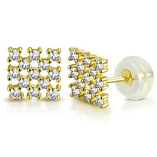 14K Yellow Gold Square White Clear CZ Small Girls Stud Earrings