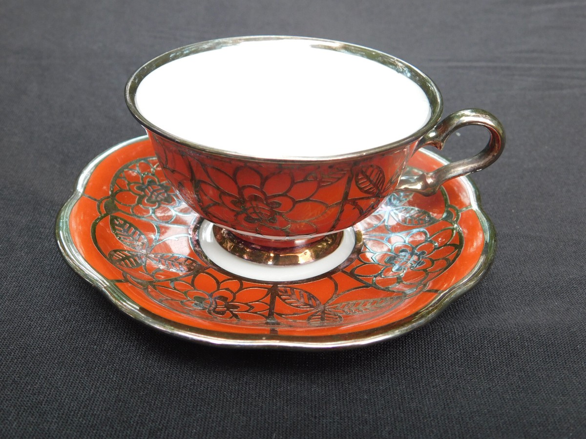Antique 1814 CM Hutschenreuther Tea Cup & Saucer Reddish & Silver f