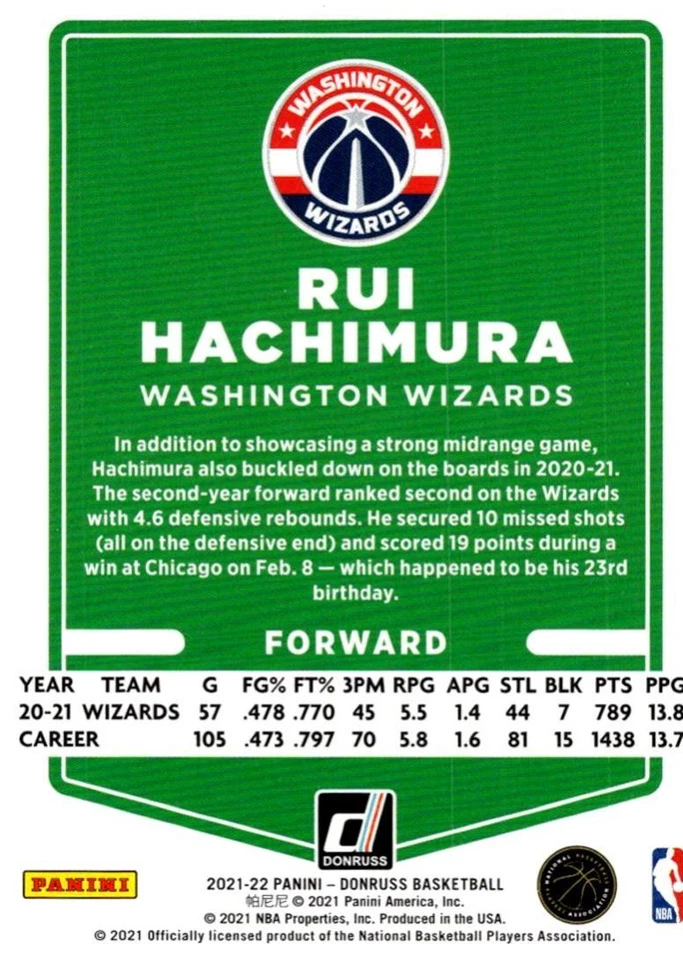 2021-22 Donruss Rui Hachimura Washington Wizards #150 - Image 2 of 2