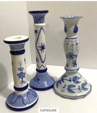 3  BLUE & WHITE CANDLE STICKS, TALLEST ONE IS 9", CERAMIC