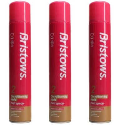 Bristows Conditioning Hold Hairspray. Holds & Conditions, Vegan. 3 x 400ml Tins