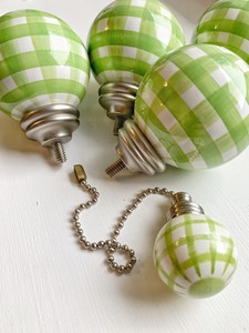 Pottery Barn Green Gingham Check Round Ceramic Curtain Rod Finials