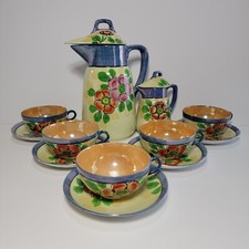 LUSTERWARE Tea Set Flower Handpainted Iridescent Blue Yellow Vintage Japan