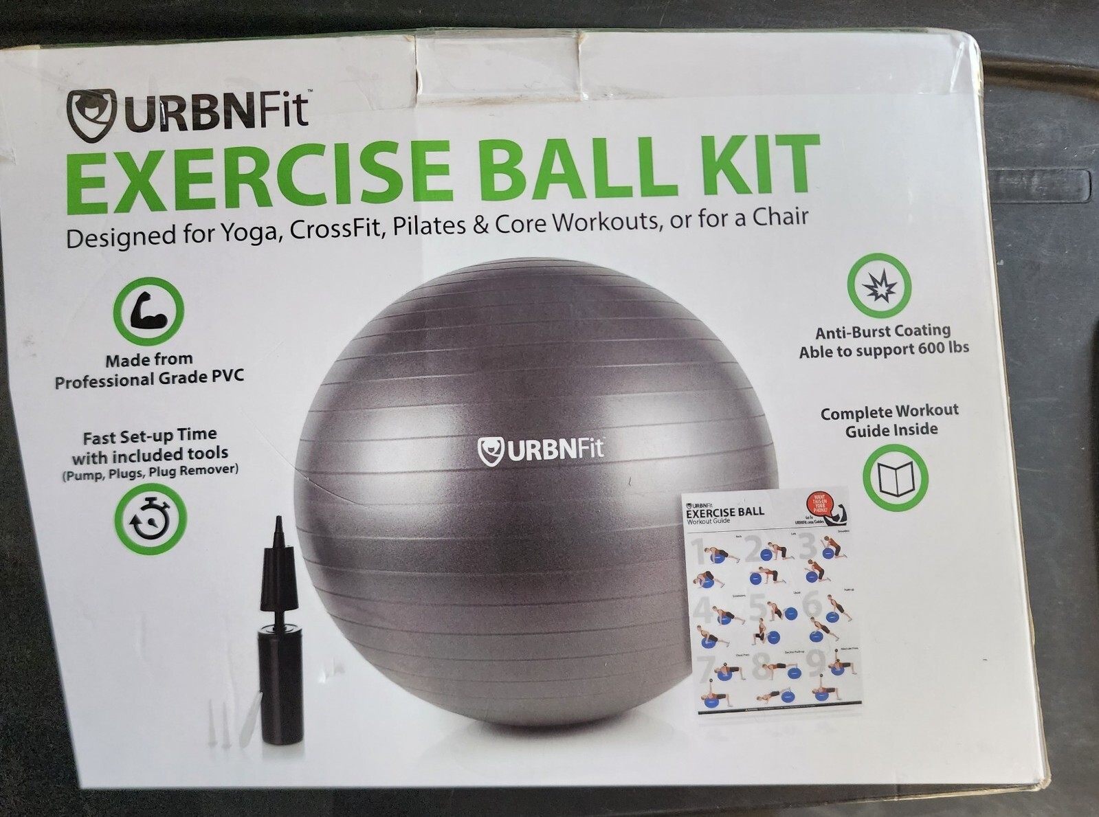 URBNFit Exercise Ball Kit Grey Ball w/Hand Pump,Valve,Plugs,Plug