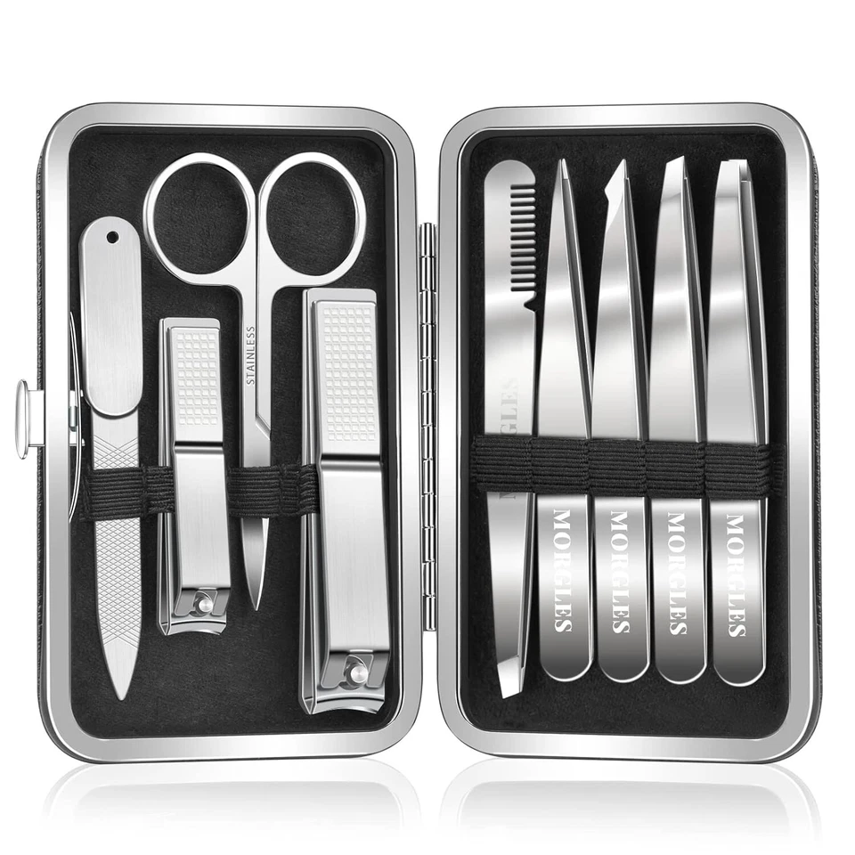 Luxury 9-Pc Nail Care Set: Stainless Steel Tweezers & Clippers in Leather Case Foto 3 de 4
