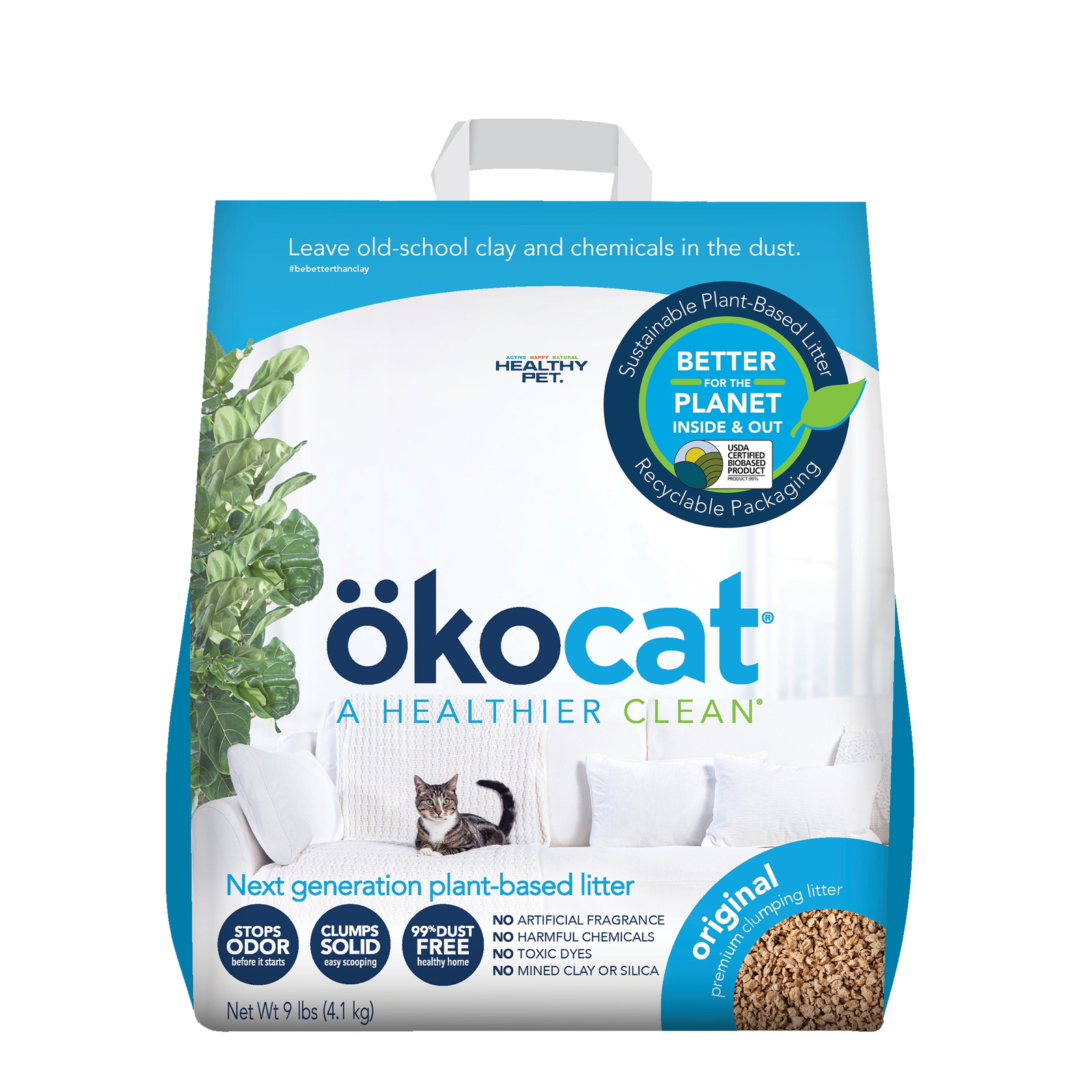 Okocat Original Premium Clumping Natural Wood Cat Litter, Dust Free, 9. lbs