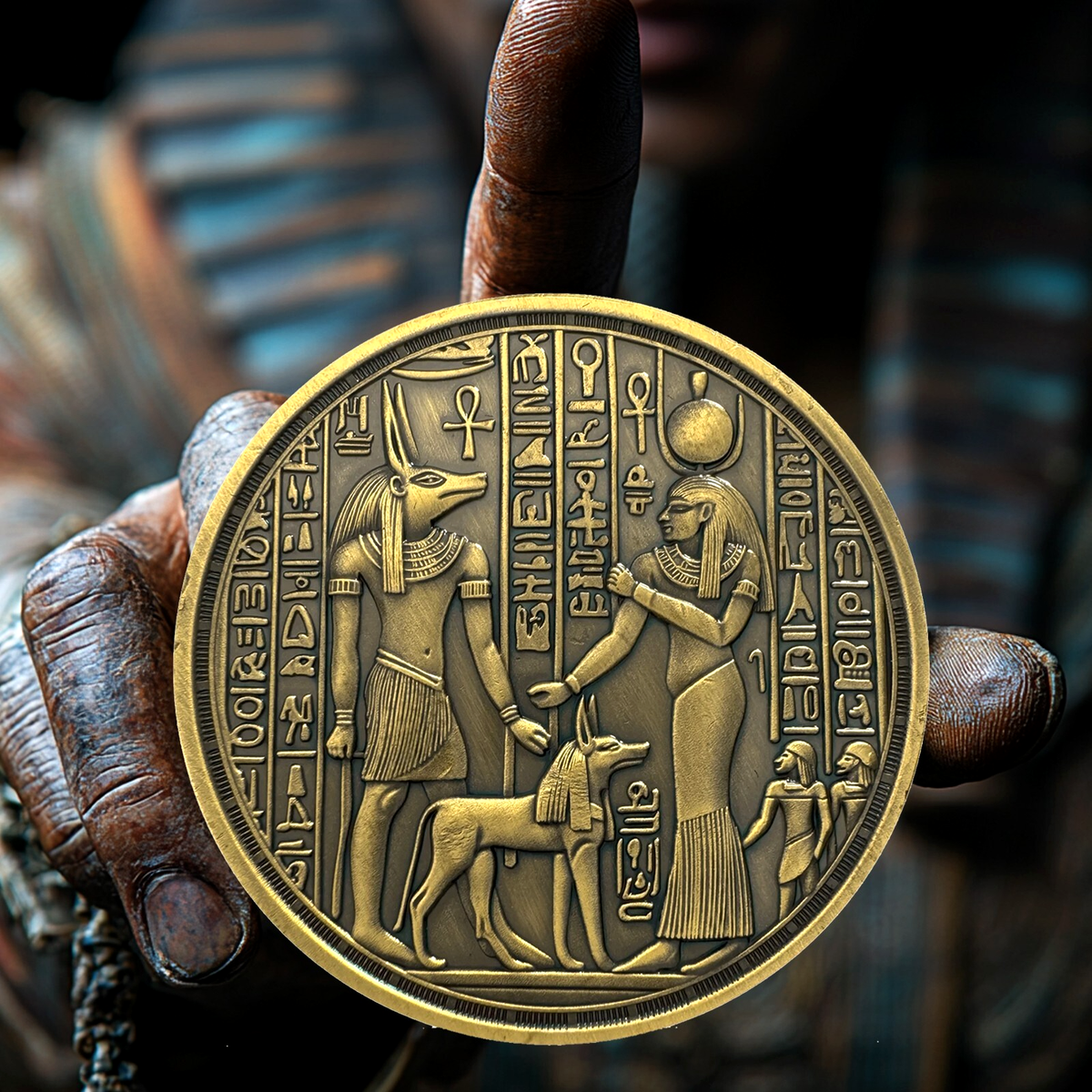 3D Ancient Anubis Challenge Coin -Hieroglyphs and Egyptian Gods