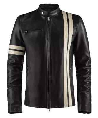 White Striped Men's Black Genuine Lambskin Leather Biker Cafe Racer Jacket