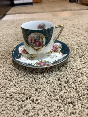 Vintage Royal Sealy Japan footed Teacup & Saucer Set   Turquoise & Gold