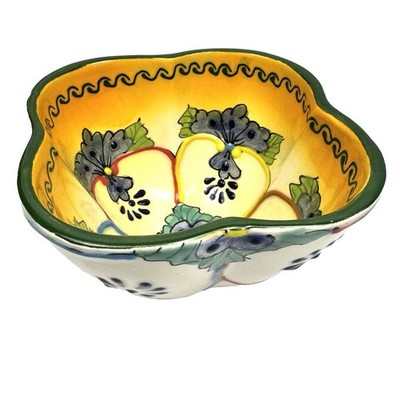 Talavara Style Mexican Pottery Bowl Hand Painted Floral Scalloped Dish Decor 3x5
