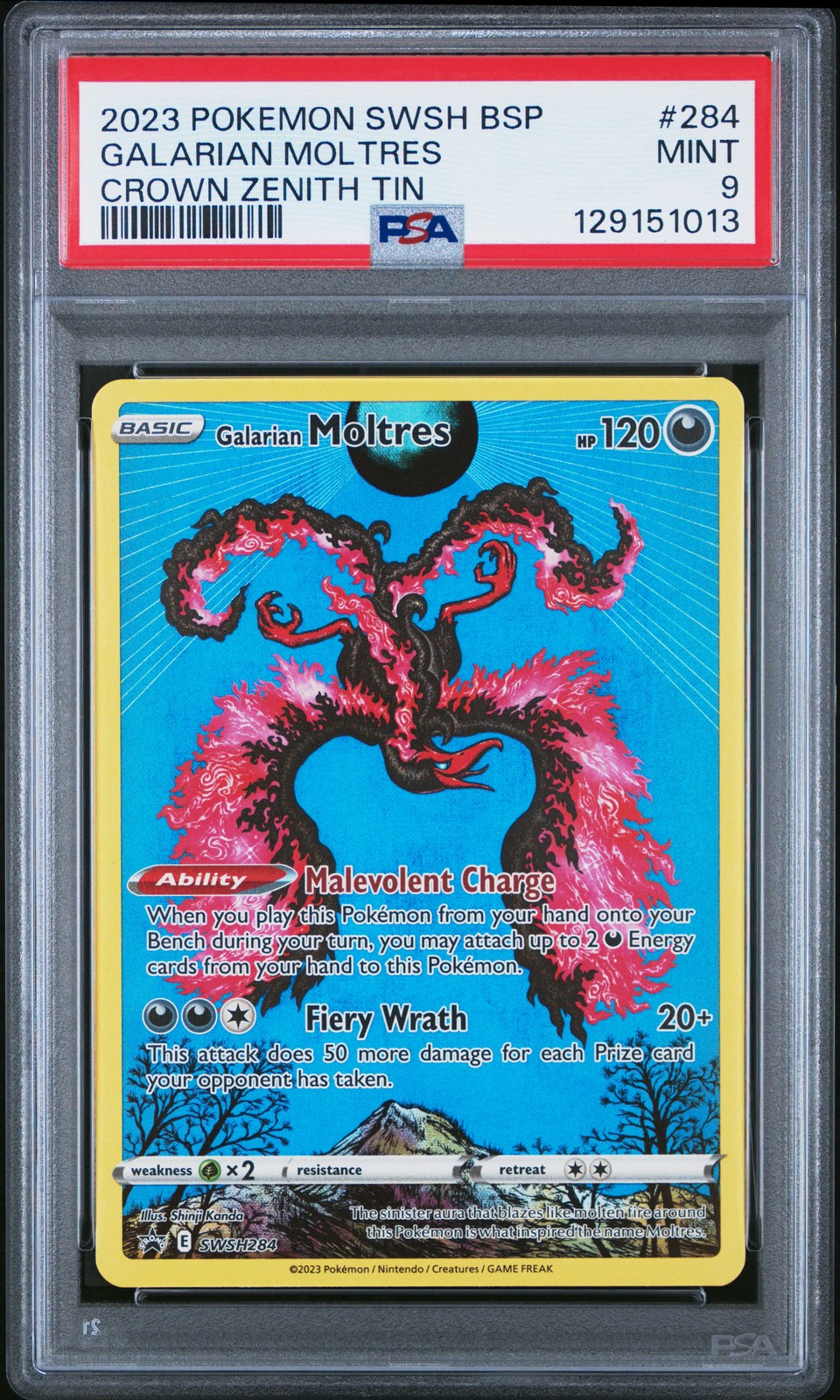 2023 POKEMON SWSH BLACK STAR PROMO CROWN ZENITH TIN #284 GALARIAN MOLTRES PSA 9