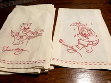 Hand Embroidered  REDWORK Days of the Week  Towels Kittens