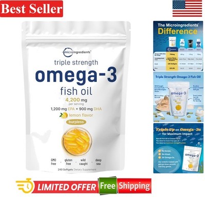 240 Softgels Triple Strength Omega-3 Fish Oil - Lemon Flavored Burpless Formula