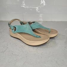 VIONIC Sandals Womens Size 7 Green Suede Jolie Thong Ankle Strap Platform Wedge