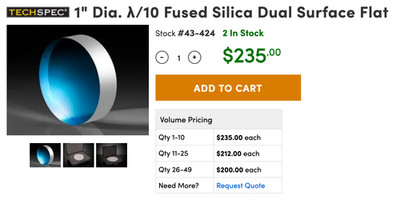 Edmunds Optics 1'' Dia. λ/10 Fused Silica Dual Surface Flat $235