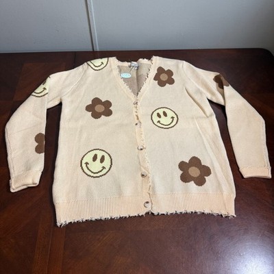 Cardigan Sweater Smiley Face Daisy Beige Brown Miss Sparkling