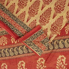 Sanskriti Vintage Sarees Cream Red Pure Cotton Block Floral Printed 5 Yd Sari