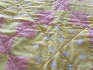 HANDMADE BABY QUILT YELLOW/PINK   WITH BUNNIES VERY NICE !!   64.5 X 52.5