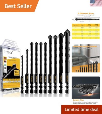 10-Piece Industrial Strength Masonry Drill Bit Set, Carbide Tips 5/32''-1/2''