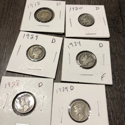 1918-1939 D MERCURY DIMES. FINE CONDITION. KEY DATES 6 Coins