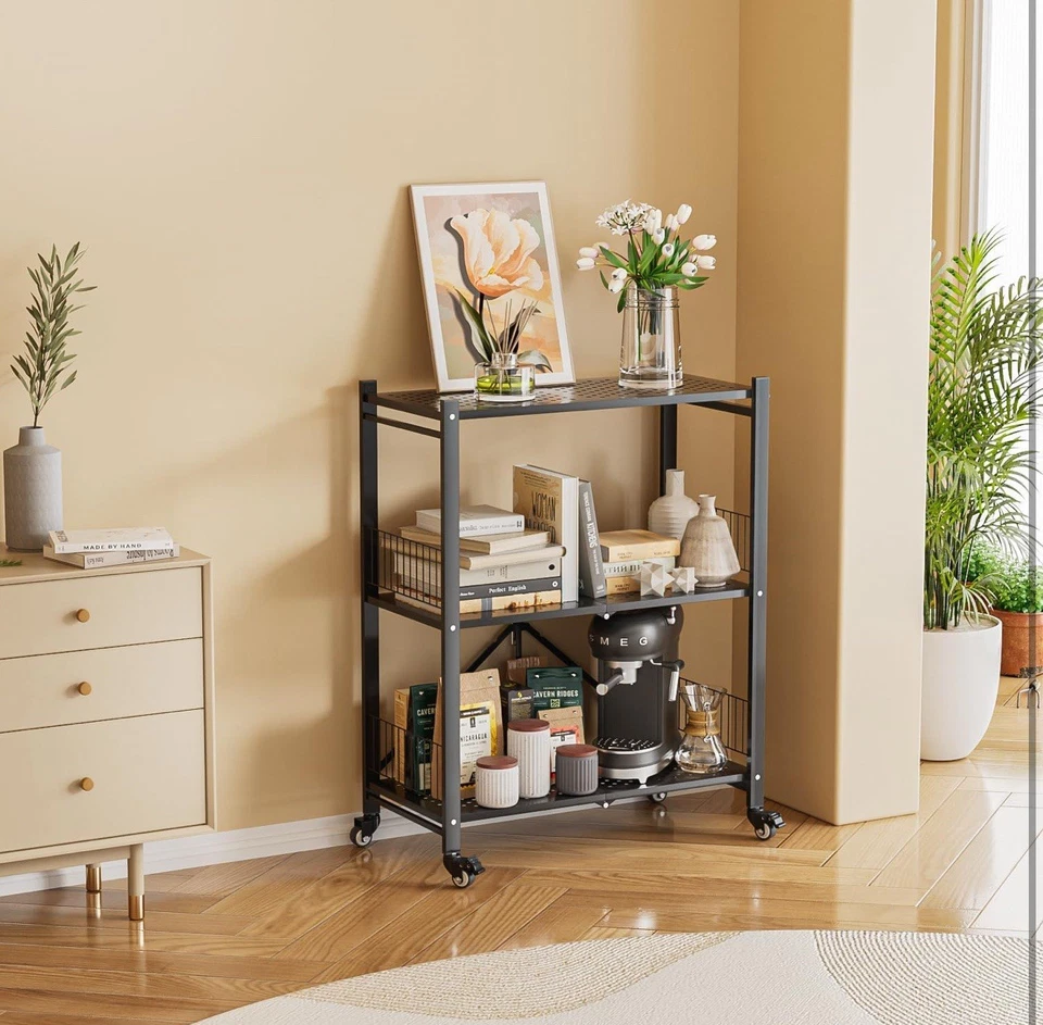 Folding Storage Shelves 3-Tier Metal Foldable Shelf Shelving Rack Rolling Wheel - Image 4 of 4